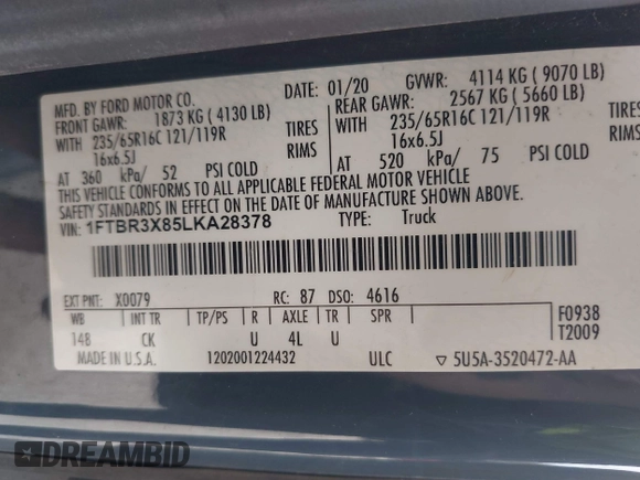 2020 Ford Transit Cargo with VIN 1FTBR3X85LKA28378, listed as a IAAI auction lot 42208608 with 82,322 mi miles and . Bid and sale history available at DreamBid. Image 7.