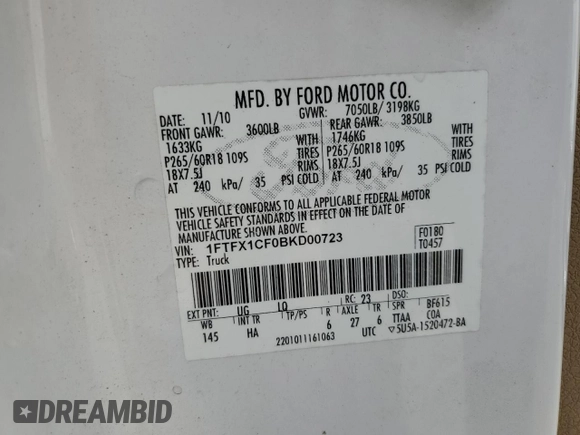 2011 Ford F-150 XL with VIN 1FTFX1CF0BKD00723, listed as a Copart auction lot 54884595 with 200,771 mi miles and Salvage title. Bid and sale history available at DreamBid. Image 12.