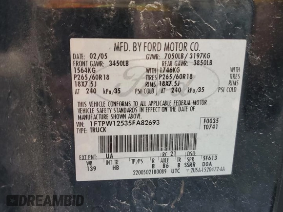 2005 Ford F-150 XLT с VIN 1FTPW12535FA82693, выставлен на аукционе Copart как лот 62860105 с пробегом Не указан миль и Чистый • Clean title. История ставок и продаж доступна на DreamBid. Изображение 12.
