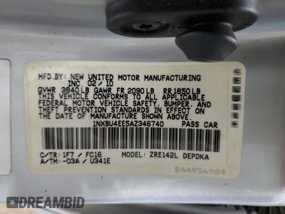 2010 Toyota Corolla with VIN 1NXBU4EE5AZ346740, listed as a Copart auction lot 53225825 with 117,634 mi miles and Salvage Title. Bid and sale history available at carsss.com. Image 12.