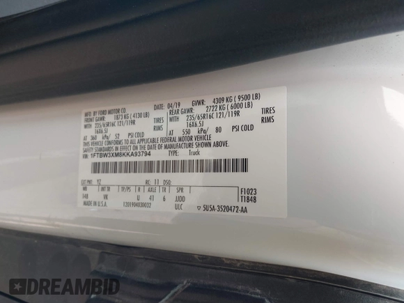 2019 Ford Transit Cargo with VIN 1FTBW3XM8KKA93794, listed as a IAAI auction lot 39696255 with 127,396 mi miles and . Bid and sale history available at DreamBid. Image 9.