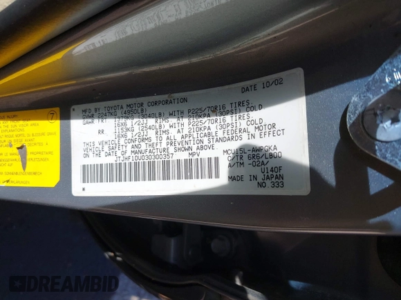 2003 Lexus RX 300 with VIN JTJHF10U030300357, listed as a IAAI auction lot 42052965 with 207,035 mi miles. Bid and sale history available at carsss.com. Image 9.