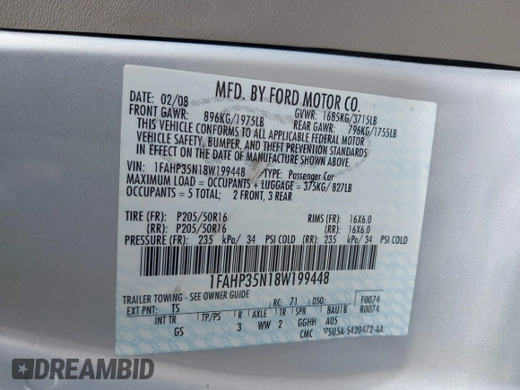 2008 Ford Focus SE with VIN 1FAHP35N18W199448, listed as a IAAI auction lot 42088860 with 174,391 mi miles. Bid and sale history available at carsss.com. Image 9.