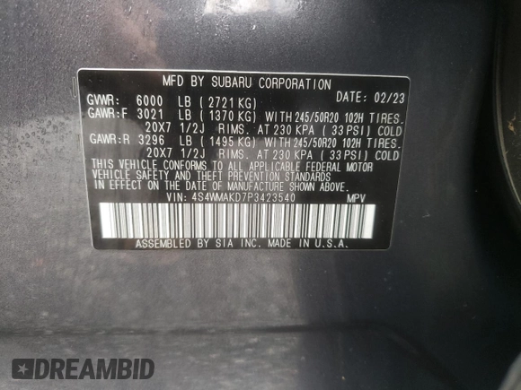 2023 Subaru Ascent Onyx Limited z VIN 4S4WMAKD7P3423540, wystawiony jako Copart lot #48181215 z przebiegiem Nie podano mil oraz Szkody całkowita. Historia ofert i sprzedaży dostępna na DreamBid. Obrazek 13.