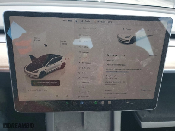 2023 Tesla Model 3 with VIN 5YJ3E1EA7PF579683, listed as a Copart auction lot 87651765 with 9,048 mi miles and Salvage Title. Bid and sale history available at carsss.com. Image 9.