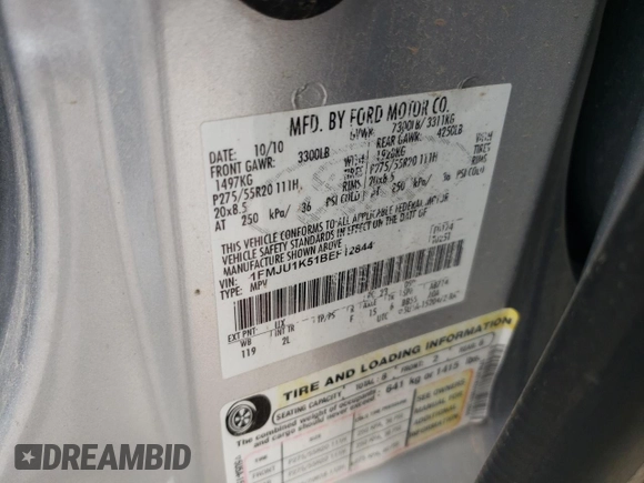 2011 Ford Expedition Limited with VIN 1FMJU1K51BEF12844, listed as a Copart auction lot 54833675 with 245,355 mi miles and Salvage title. Bid and sale history available at DreamBid. Image 13.