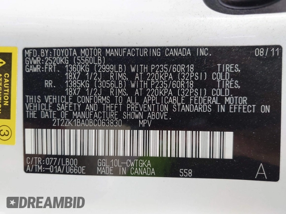 2011 Lexus RX 350 with VIN 2T2ZK1BA0BC063830, listed as a IAAI auction lot 41921869 with 104,242 mi miles and . Bid and sale history available at carsss.com. Image 9.