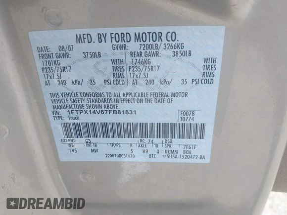 2007 Ford F-150 XLT with VIN 1FTPX14V67FB81831, listed as a IAAI auction lot 42327531 with 190,403 mi miles and . Bid and sale history available at DreamBid. Image 9.