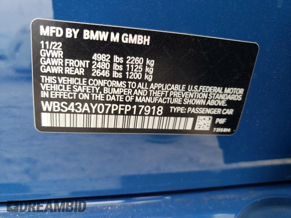2023 BMW M3 Competition xDrive with VIN WBS43AY07PFP17918, listed as a Copart auction lot 58379405 with 11,581 mi miles and Salvage title. Bid and sale history available at DreamBid. Image 12.