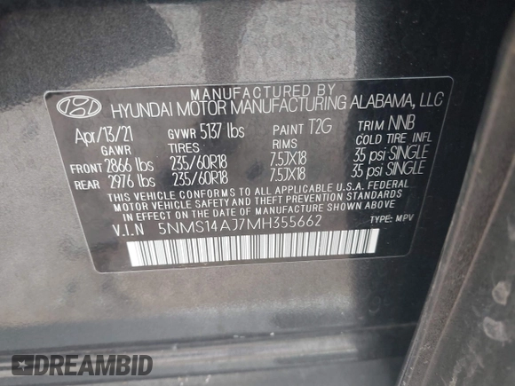 2021 Hyundai Santa Fe SE with VIN 5NMS14AJ7MH355662, listed as a IAAI auction lot 41848014 with 49,570 mi miles. Bid and sale history available at carsss.com. Image 9.