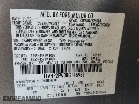 2011 Ford Taurus Limited z VIN 1FAHP2FW3BG146981, wystawiony jako Copart lot #58124275 z przebiegiem 64 163 mil mil oraz Szkoda całkowita • Salvage title. Historia ofert i sprzedaży dostępna na DreamBid. Obrazek 12.