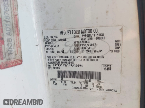 2004 Ford F-150 STX с VIN 1FTRX14W14FA10594, выставлен на аукционе IAAI как лот 42278746 с пробегом 285 096 миль миль и . История ставок и продаж доступна на DreamBid. Изображение 9.