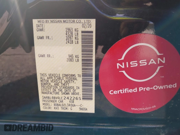 2020 Nissan Altima 2.5 S with VIN 1N4BL4BV4LC242265, listed as a IAAI auction lot 40421547 with 113,010 mi miles. Bid and sale history available at carsss.com. Image 9.