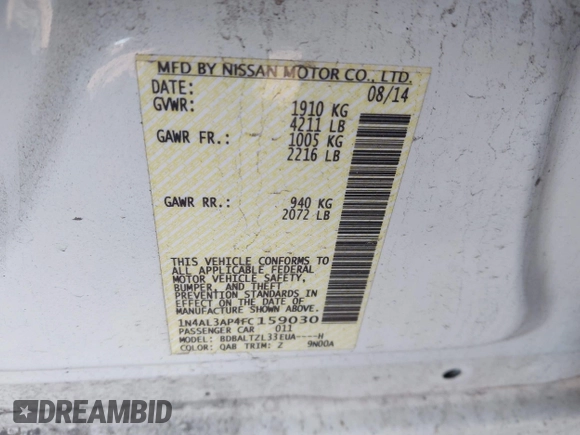 2015 Nissan Altima S with VIN 1N4AL3AP4FC159030, listed as a IAAI auction lot 42117530 with 124,237 mi miles and . Bid and sale history available at DreamBid. Image 9.