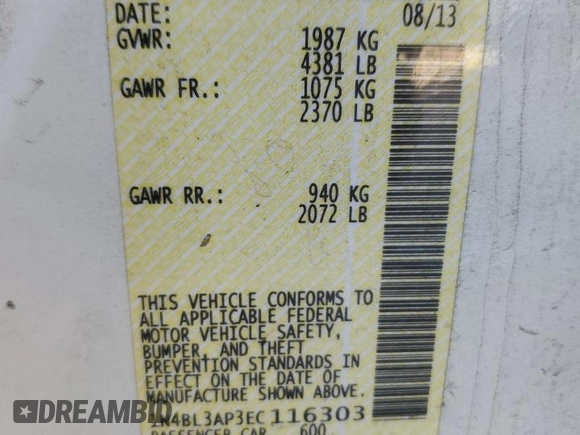 2014 Nissan Altima SL with VIN 1N4BL3AP3EC116303, listed as a Copart auction lot 86002094 with 118,910 mi miles and Salvage Title. Bid and sale history available at DreamBid. Image 12.