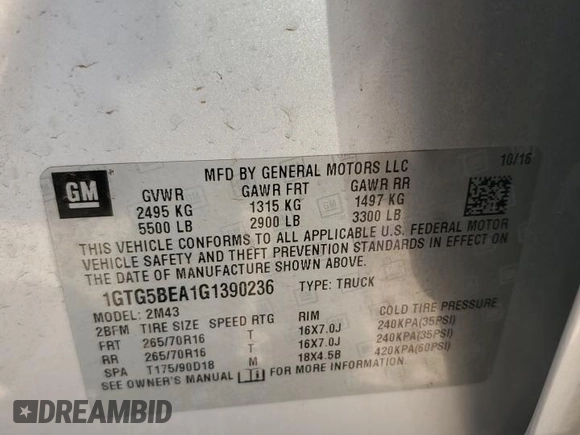 2016 GMC Canyon 2WD with VIN 1GTG5BEA1G1390236, listed as a Copart auction lot 50058495 with 143,316 mi miles and Salvage Title. Bid and sale history available at carsss.com. Image 12.