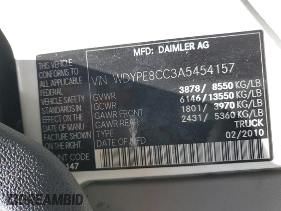 2010 Freightliner Sprinter с VIN WDYPE8CC3A5454157, выставлен на аукционе Copart как лот 56998035 с пробегом 209 713 миль миль и Чистый • Clean title. История ставок и продаж доступна на DreamBid. Изображение 13.