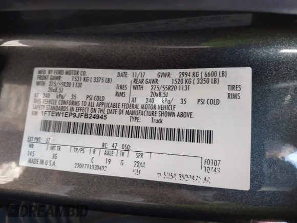 2018 Ford F-150 XL with VIN 1FTEW1EP9JFB24945, listed as a IAAI auction lot 42380592 with 132,895 mi miles and . Bid and sale history available at DreamBid. Image 9.