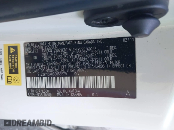 2011 Lexus RX 350 with VIN 2T2ZK1BA0BC055579, listed as a IAAI auction lot 42643844 with 178,066 mi miles and . Bid and sale history available at DreamBid. Image 9.