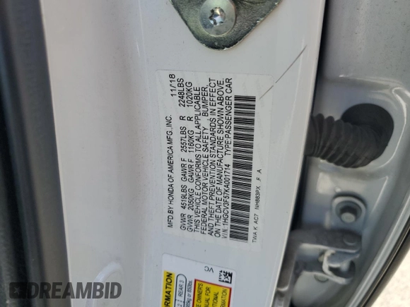 2019 Honda Accord EX-L z VIN 1HGCV3F57KA001714, wystawiony jako Copart lot #61074535 z przebiegiem 146 155 mil mil oraz Szkoda całkowita • Salvage title. Historia ofert i sprzedaży dostępna na DreamBid. Obrazek 12.