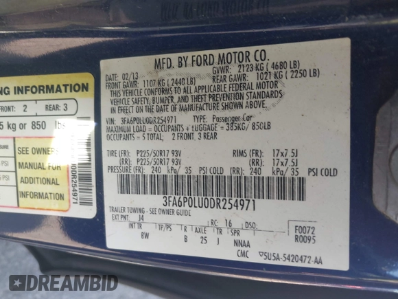 2013 Ford Fusion SE Hybrid with VIN 3FA6P0LU0DR254971, listed as a IAAI auction lot 42140836 with 230,657 mi miles. Bid and sale history available at carsss.com. Image 9.