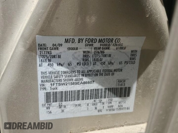 2009 Ford F-250 XL с VIN 1FTSW21589EA86607, выставлен на аукционе Copart как лот 62934385 с пробегом 202 323 миль миль и Списание • Salvage title. История ставок и продаж доступна на DreamBid. Изображение 12.