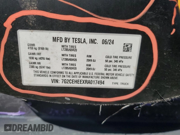 2024 Tesla Cybertruck Cyberbeast z VIN 7G2CEHEEXRA017494, wystawiony jako Copart lot #48149135 z przebiegiem 6883 mil mil oraz Szkody całkowita. Historia ofert i sprzedaży dostępna na DreamBid. Obrazek 13.
