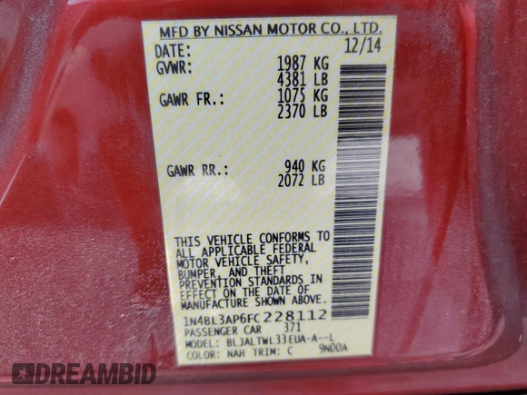 2015 Nissan Altima SL z VIN 1N4BL3AP6FC228112, wystawiony jako Copart lot #53737875 z przebiegiem 102 437 mil mil oraz Szkoda całkowita • Salvage title. Historia ofert i sprzedaży dostępna na DreamBid. Obrazek 13.