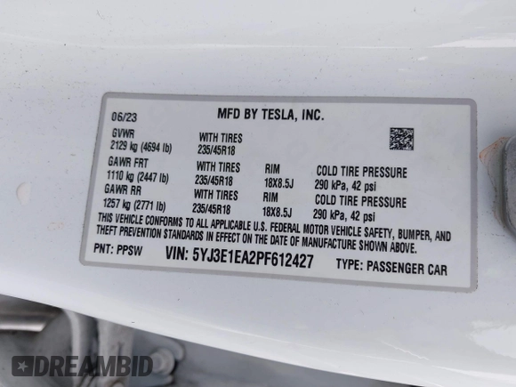 2023 Tesla Model 3 with VIN 5YJ3E1EA2PF612427, listed as a IAAI auction lot 41793756 with 17,913 mi miles and . Bid and sale history available at carsss.com. Image 9.