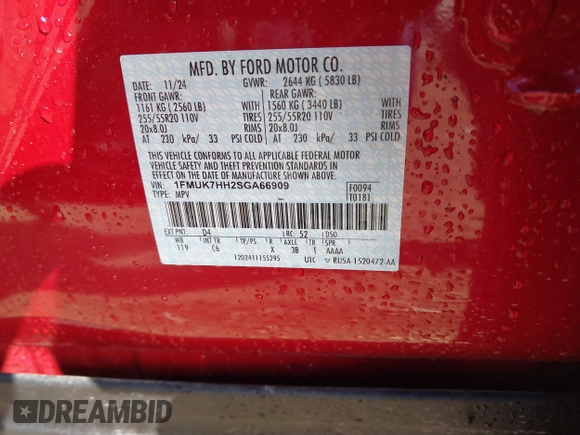 2025 Ford Explorer with VIN 1FMUK7HH2SGA66909, listed as a IAAI auction lot 41676158 with Not provided miles and . Bid and sale history available at DreamBid. Image 9.