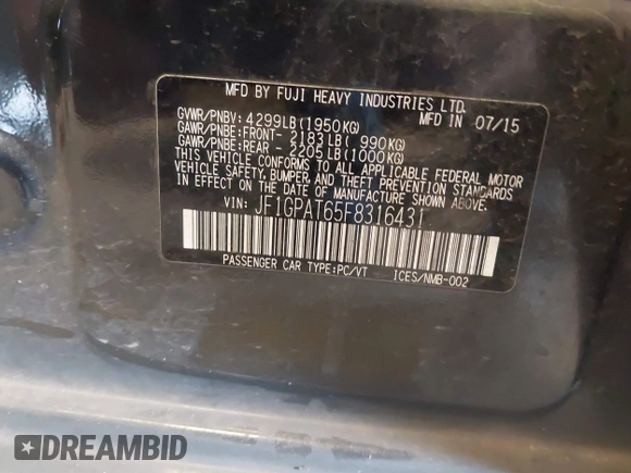 2015 Subaru Impreza Special Sports Premium с VIN JF1GPAT65F8316431, выставлен на аукционе IAAI как лот 41846243 с пробегом 103 708 миль миль и . История ставок и продаж доступна на DreamBid. Изображение 9.