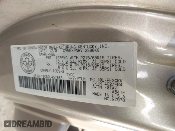 2002 Toyota Sienna LE with VIN 4T3ZF13C82U457803, listed as a IAAI auction lot 41198246 with 185,445 mi miles and . Bid and sale history available at DreamBid. Image 9.