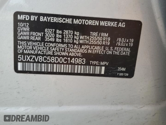 2013 BMW X5 xDrive50i with VIN 5UXZV8C58D0C14983, listed as a Copart auction lot 58820795 with 99,337 mi miles and Salvage title. Bid and sale history available at DreamBid. Image 12.