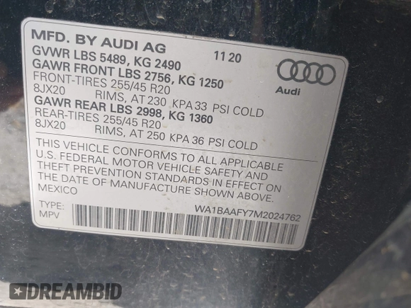 2021 Audi Q5 Premium Plus with VIN WA1BAAFY7M2024762, listed as a IAAI auction lot 42090408 with 58,082 mi miles and . Bid and sale history available at DreamBid. Image 9.