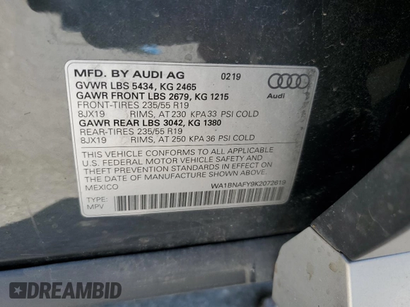 2019 Audi Q5 Premium Plus z VIN WA1BNAFY9K2072619, wystawiony jako Copart lot #61961025 z przebiegiem 47 436 mil mil oraz Szkoda całkowita • Salvage title. Historia ofert i sprzedaży dostępna na DreamBid. Obrazek 12.