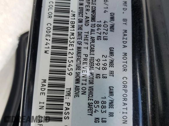 2014 Mazda 3 S Grand Touring with VIN JM1BM1M33E1215459, listed as a Copart auction lot 59188005 with Not provided miles and Salvage title. Bid and sale history available at DreamBid. Image 12.
