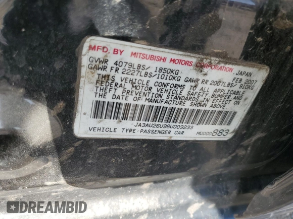 2008 Mitsubishi Lancer DE with VIN JA3AU26U98U009233, listed as a Copart auction lot 58569415 with Not provided miles and Clean title. Bid and sale history available at DreamBid. Image 12.