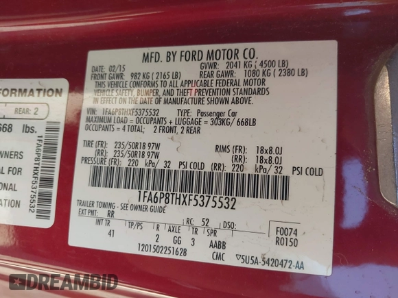 2015 Ford Mustang EcoBoost with VIN 1FA6P8THXF5375532, listed as a IAAI auction lot 41751755 with 138,096 mi miles and . Bid and sale history available at carsss.com. Image 9.