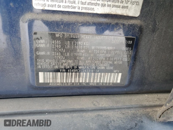 2010 Subaru Outback Premium with VIN 4S4BRCEC2A3318104, listed as a Copart auction lot 86362334 with 192,504 mi miles and Salvage title. Bid and sale history available at DreamBid. Image 13.