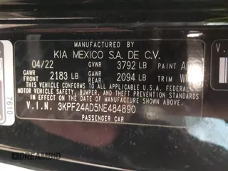 2022 Kia Forte LXS with VIN 3KPF24AD5NE484890, listed as a IAAI auction lot 41006516 with 39,213 mi miles and . Bid and sale history available at DreamBid. Image 9.