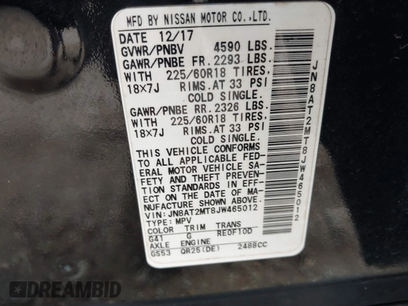 2018 Nissan Rogue SV with VIN JN8AT2MT8JW465012, listed as a IAAI auction lot 39376292 with 184,861 mi miles and . Bid and sale history available at DreamBid. Image 9.