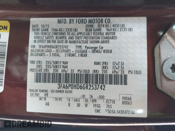 2016 Ford Fusion SE with VIN 3FA6P0HD6GR253742, listed as a IAAI auction lot 41986812 with 115,522 mi miles. Bid and sale history available at carsss.com. Image 9.