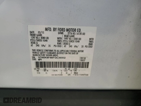2015 Ford Explorer Limited with VIN 1FM5K8F88FGC36502, listed as a Copart auction lot 52113285 with 143,687 mi miles and Salvage Title. Bid and sale history available at DreamBid. Image 13.