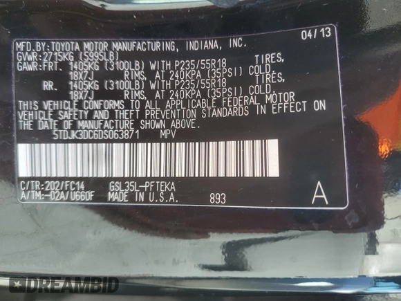 2013 Toyota Sienna LE with VIN 5TDJK3DC6DS063871, listed as a Copart auction lot 47180495 with 214,404 mi miles and Clean Title. Bid and sale history available at carsss.com. Image 13.