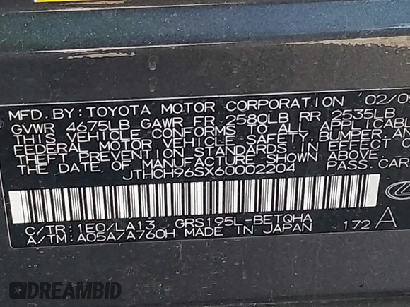2006 Lexus GS 300 with VIN JTHCH96SX60002204, listed as a IAAI auction lot 42113496 with 231,140 mi miles. Bid and sale history available at carsss.com. Image 9.