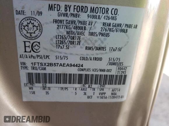 2010 Ford F-250 XL with VIN 1FTSX2B57AEA94424, listed as a Copart auction lot 52592675 with 243,149 mi miles and Salvage title. Bid and sale history available at DreamBid. Image 12.