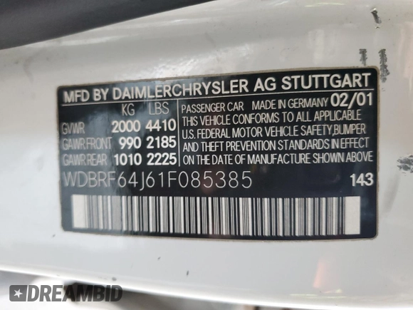 2001 Mercedes-Benz C 320 с VIN WDBRF64J61F085385, выставлен на аукционе Copart как лот 65039625 с пробегом 190 923 миль миль и Списание • Salvage title. История ставок и продаж доступна на DreamBid. Изображение 12.
