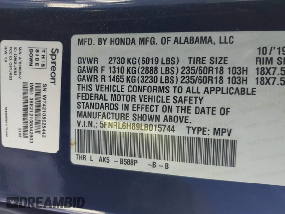 2020 Honda Odyssey Touring with VIN 5FNRL6H89LB015744, listed as a IAAI auction lot 41495735 with 106,440 mi miles and . Bid and sale history available at DreamBid. Image 9.