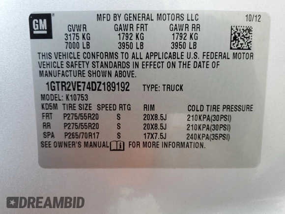 2013 GMC Sierra 1500 SLE with VIN 1GTR2VE74DZ189192, listed as a Copart auction lot 45088205 with 168,404 mi miles and Clean Title. Bid and sale history available at DreamBid. Image 12.
