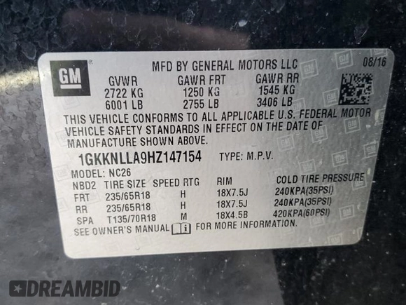 2017 GMC Acadia SLE with VIN 1GKKNLLA9HZ147154, listed as a Copart auction lot 48593075 with 180,423 mi miles and Salvage Title. Bid and sale history available at carsss.com. Image 15.